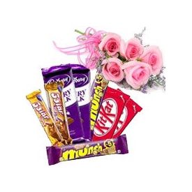 Bunch of 5 pink roses with mixed chocolate