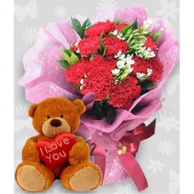 A bunch of 20 red roses, and (6-inch-cute teddy bear)