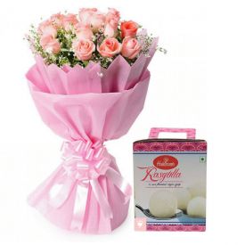 Bunch of 12 Pink Roses Bunch & 1/2 kg Rasgullas