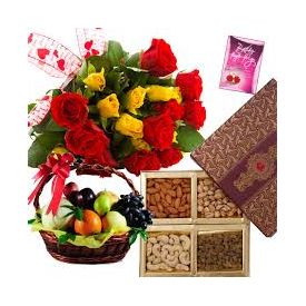 12 Mixed Roses,2 Kg Mixed Fruits and 1/2 Kg Dry fruits