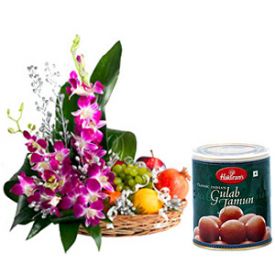 purple orchid ,2 Kg Mixed Fruits and 1 Kg Gulab Jamun