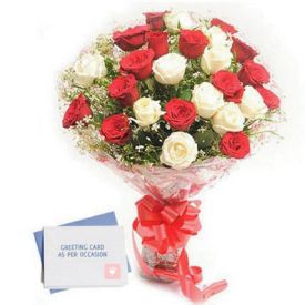 Red n white roses with greeting card
