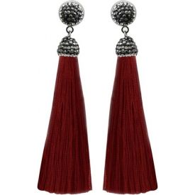 Marcasite Stone And Maroon Thread Rhodium Plated Tassel Earrings