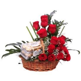 Basket of roses with ferrero rocher