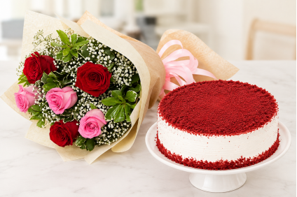 Red Velvet With Mixed Roses Bouquet