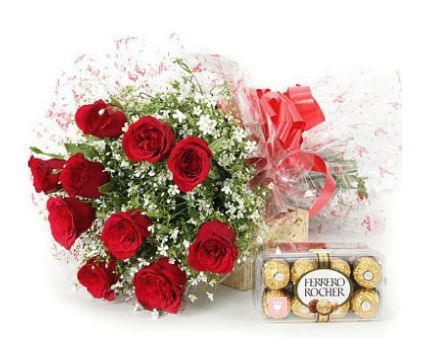 10 Red Rose and 16 pcs Ferrero Rocher