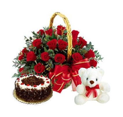 Basket of 15 Red Roses, 1/2 kg Black forest cake and 6 Inch Teddy bear