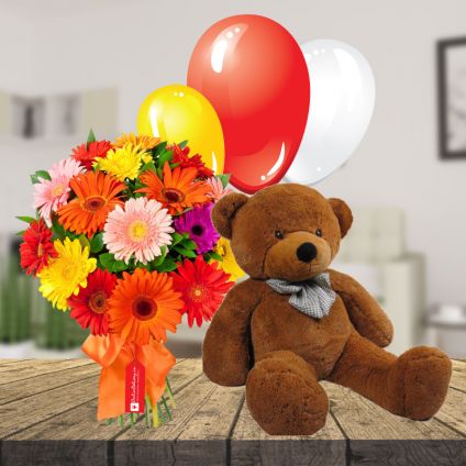 Mixed Flowers, 6 inch Teddy bear and 10 Pcs ballons