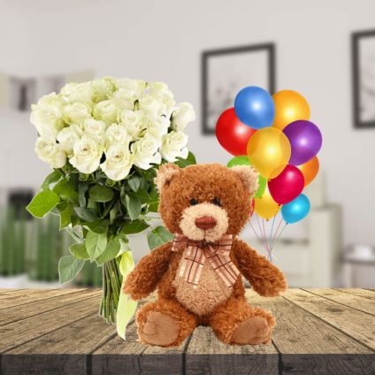 12 white Roses with 6 inch White Teddy bear and 6 pcs Balloons