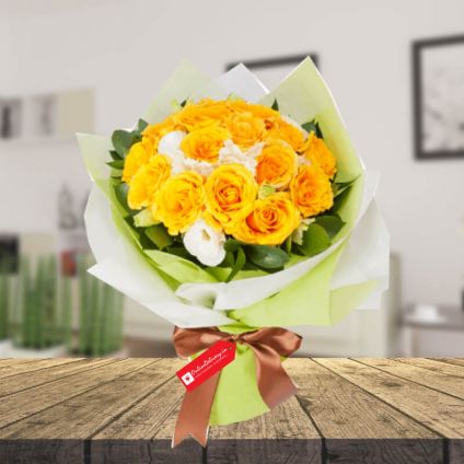 Yellow and white roses & 2 layer bamboo with Vase