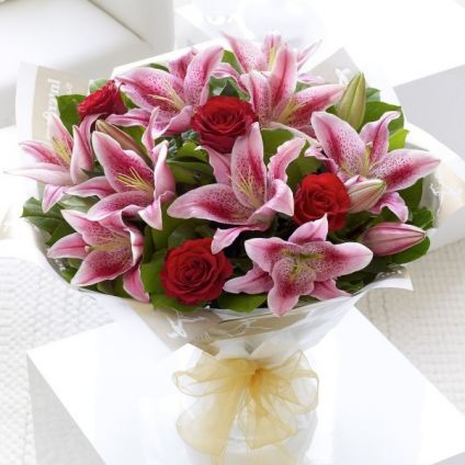Bunch of lilies and Red Rose