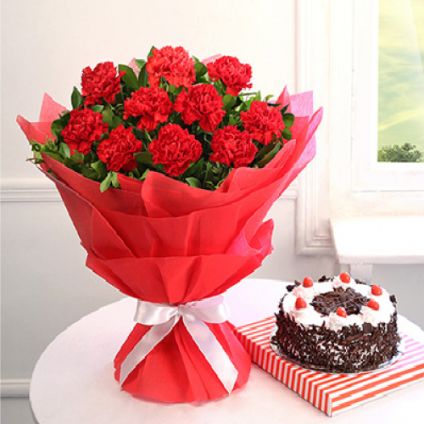 Red Carnations with Black Forest Cake
