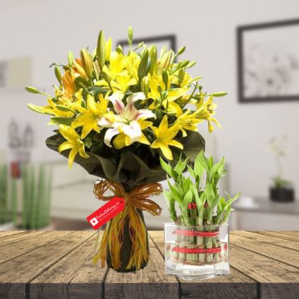 Yellow lily with 2 layer bamboo with vase