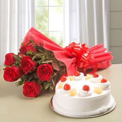 Red Roses with Pineapple Cake