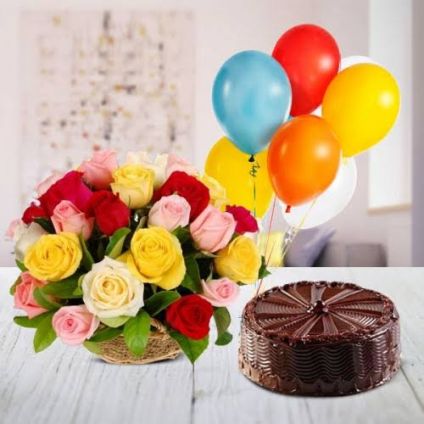 Bunch Of 12 Mixed Roses, 1/2 Chocolate Cake and 10 Balloon
