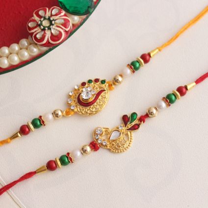 Rakhi Pooja Thalis-Golden Pearl Pooja Thali with Pearl Rakhi