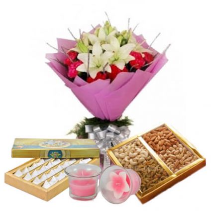 Flowers, Dry Fruits, Sweets and Candle