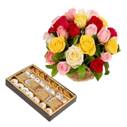 Basket of Mixed Roses with 1/2 Kg Mixed Sweets