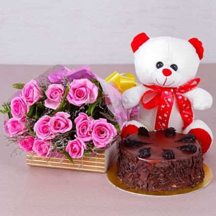 A bunch of 20 pink roses, 1 kg Chocolate cake and 6 inch teddy