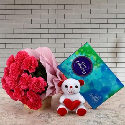 10 Red Carnation,Teddy Bear, Dairy milk