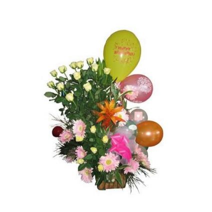 Basket of 50 mixed flowers with 50 Balloons