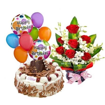 Bunch of 10 Red Roses, 1 kg Black Forest Cake and 6 Pcs balloons