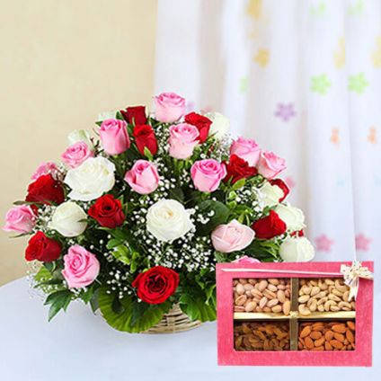Mixed Dry Fruits And Mixed Roses With Basket