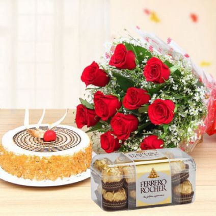 10 Red roses , Butter scotch cake and Ferrero Rocher