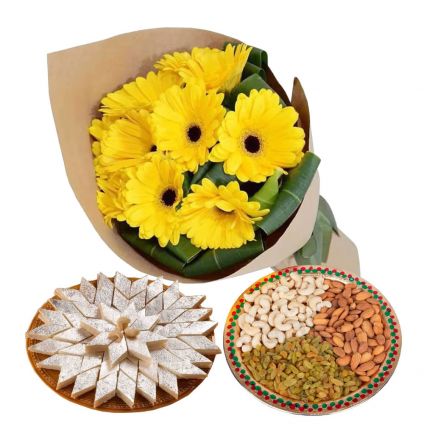 1/2 kg Dry fruits with 1/2 kg kaju katli and 12 gerberas