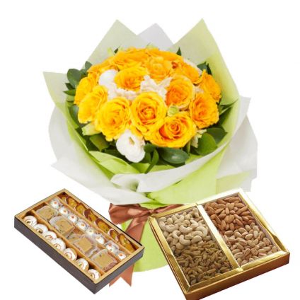 12 Yellow Roses,Half Kg Mixed sweets and Half Kg Dry Fruits