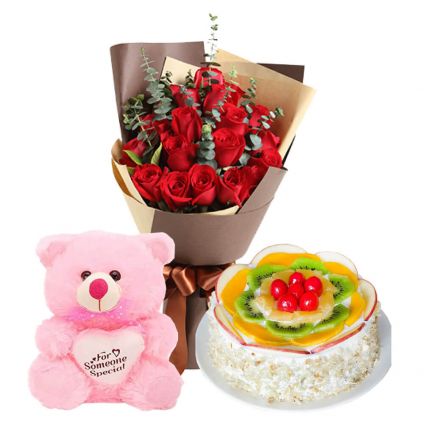A bunch of 12 red roses 1/2 kg fruit cake and (6-inch-cute pink teddy bear)