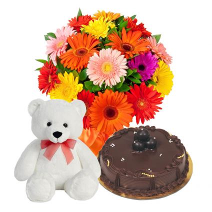 A bunch of mixed 20 gerberas, 1/2 kg chocolate cake and (6-inch-lovely teddy bear)