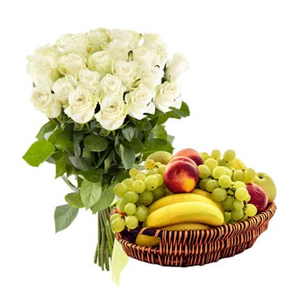 10 White Roses and 2 Kg Mixed Fruits with Basket