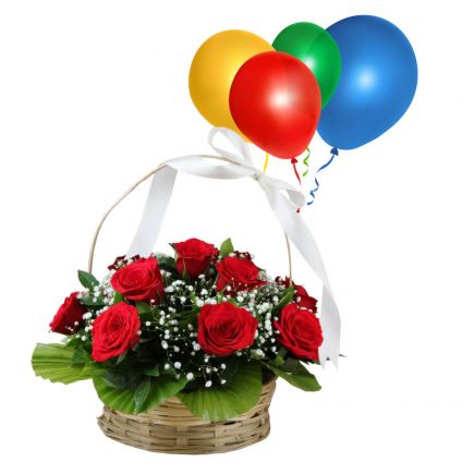 Basket of 15 red roses and 10 balloons