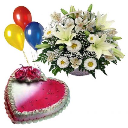 Heart shaped strawberry cake with white gerberas and balloons