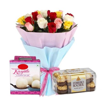 12 Mixed Roses,16 Ferrero Rocher Chocolates and 1 Kg Rasgulla