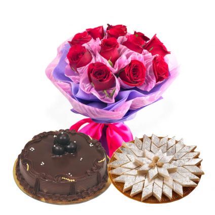 18 Red Roses, 1 Kg chocolate cake and 1/2 Kg Kaju Katli