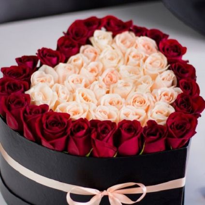 Red & Pink Roses with Heart Box
