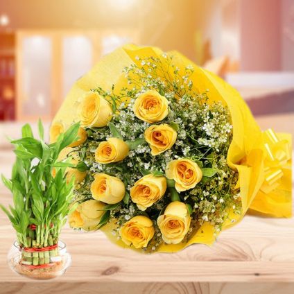 Yellow Roses with Bamboo Plant