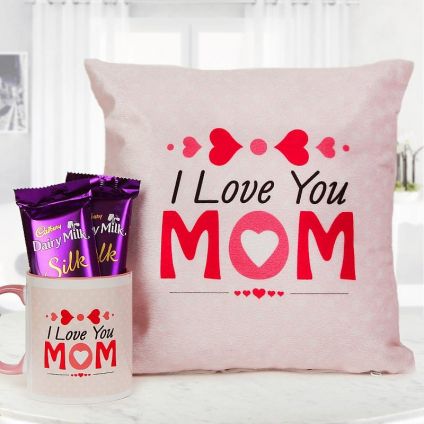 Cushion with Mugs and Chocolates Hamper