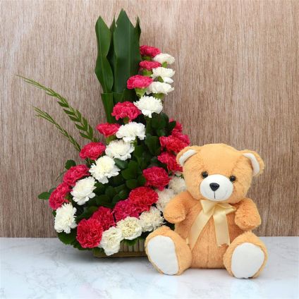 Carnation Basket With Teddy