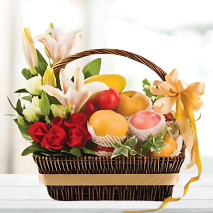 Basket of Fresh fruits and seasonal flowers