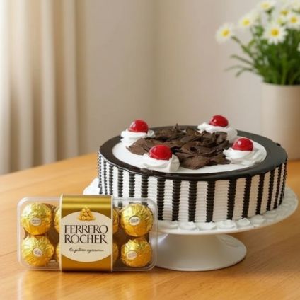 1 kg Eggless Black forest and 16 pcs Ferrero rocher