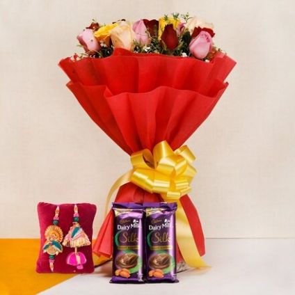 Bouquet With Mixed Roses N Rakhi