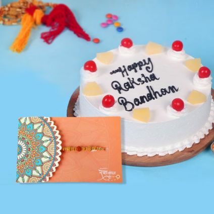 Pineapple Cake and Rakhi with greeting card