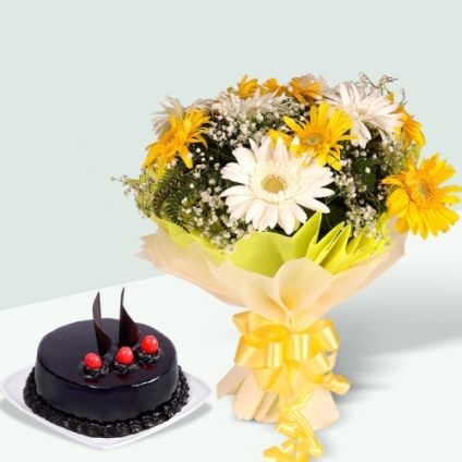 Yellow Gerberas with Chocolate cake
