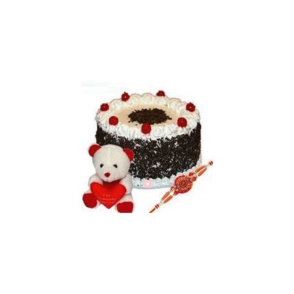 Rakhi with 1/2 kg Black forest cake and 6 inch Teddy bear