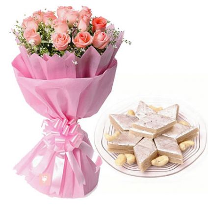 Pink rose with kaju katli