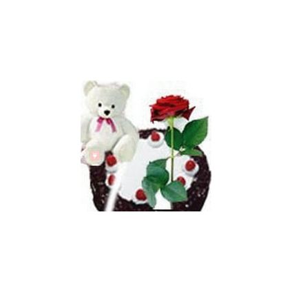 Teddy Bear (6 inches) with 1 Rose and 1/2 kg black forest Cake