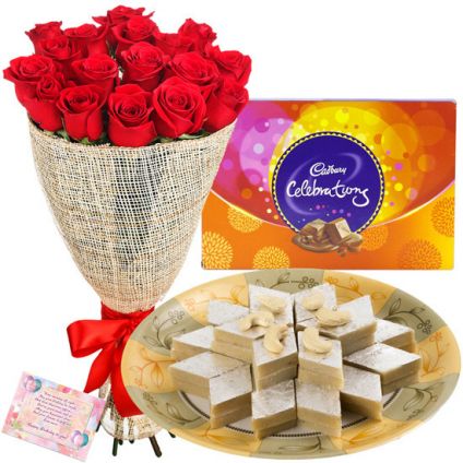 Celebration Roses with kaju katli